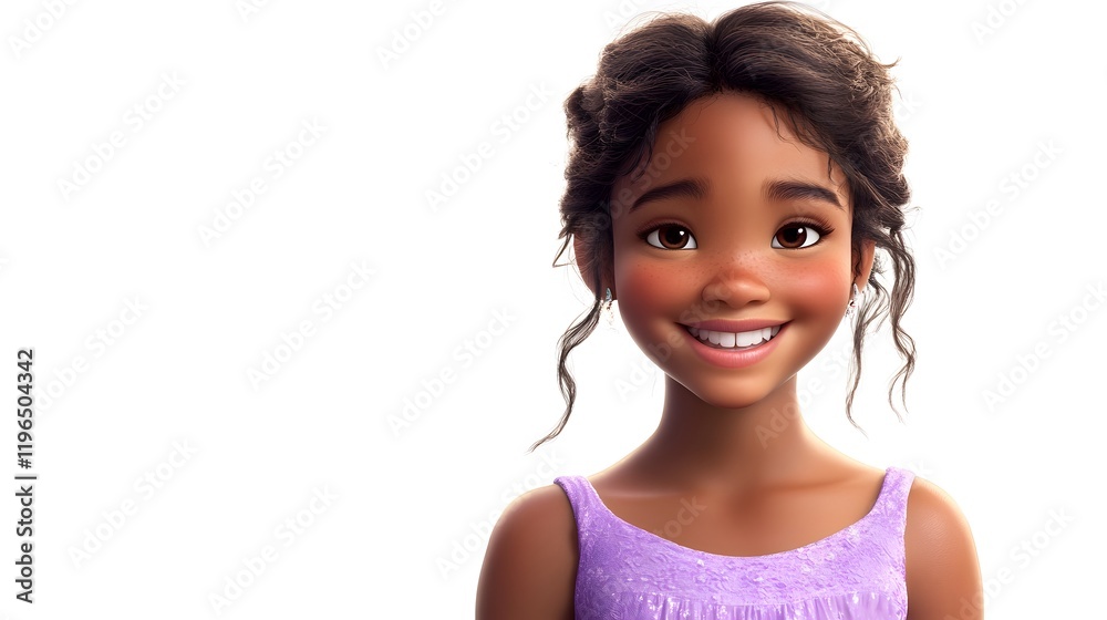 25. A girl with a radiant smile, wearing a purple dress, standing on a white background