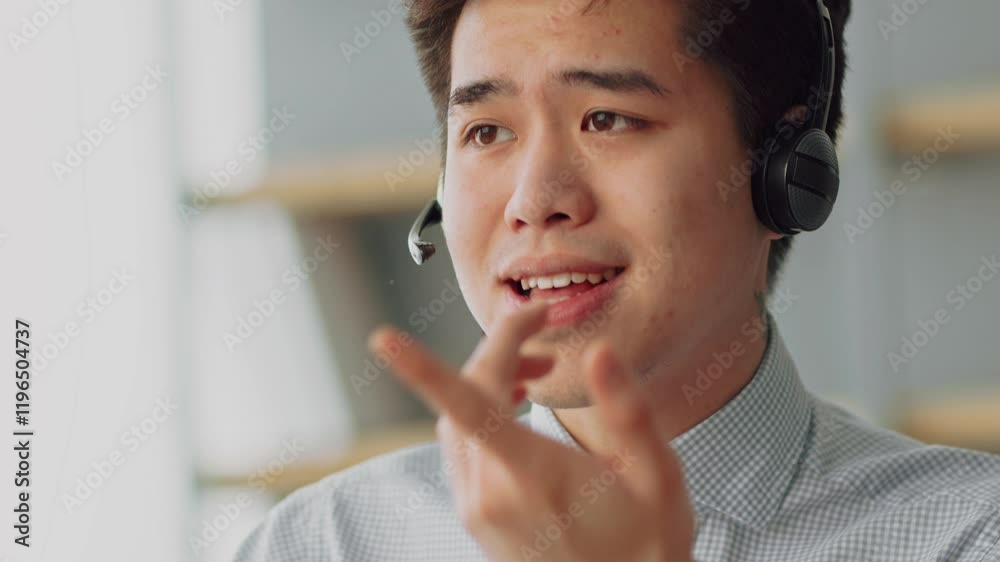 A young Asian man engages in an online work call from his stylish home office. He wears a headset and focuses on a computer screen, demonstrating a professional remote working environment. A young Asian man engages in an online work call from his stylish home office. He wears a headset and focuses on a computer screen, demonstrating a professional remote working environment.
