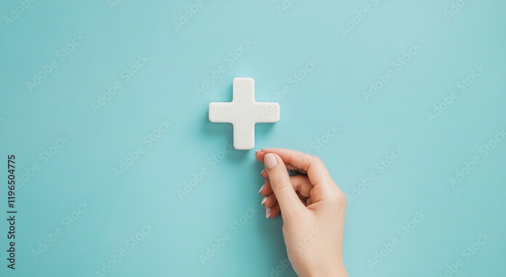 Hand adding white plus sign on blue background.