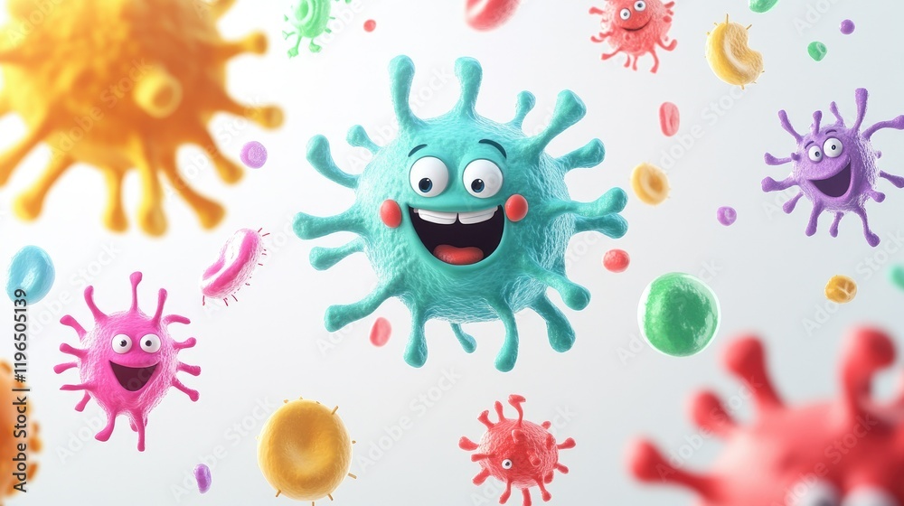A whimsical cartoon microbe with a joyful expression and unique shapes on a clean white backdrop. A whimsical cartoon microbe with a joyful expression and unique shapes on a clean white backdrop.