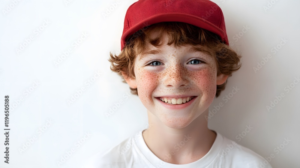 31. A smiling boy with freckles, wearing a red hat, standing proudly on a white background 31. A smiling boy with freckles, wearing a red hat, standing proudly on a white background