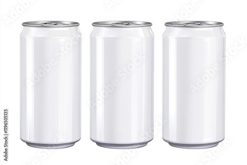 Three blank white aluminum soda cans isolated on white background.