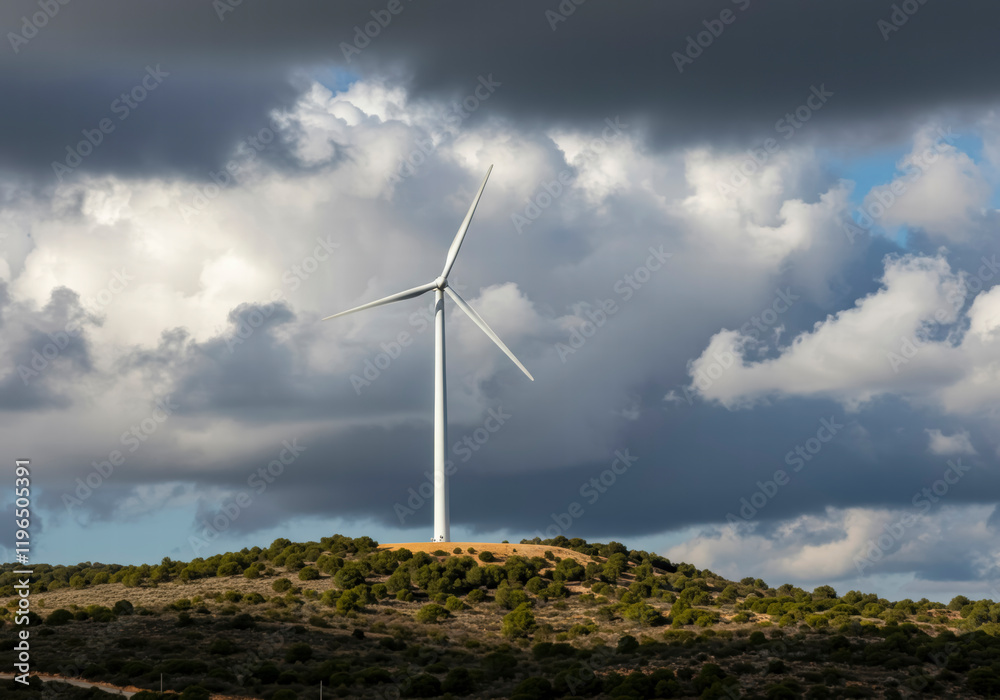 Wind turbine on a hill under dynamic clouds in Tarragona Spain symbolizing renewable energy and nature's power Wind turbine on a hill under dynamic clouds in Tarragona Spain symbolizing renewable energy and nature's power