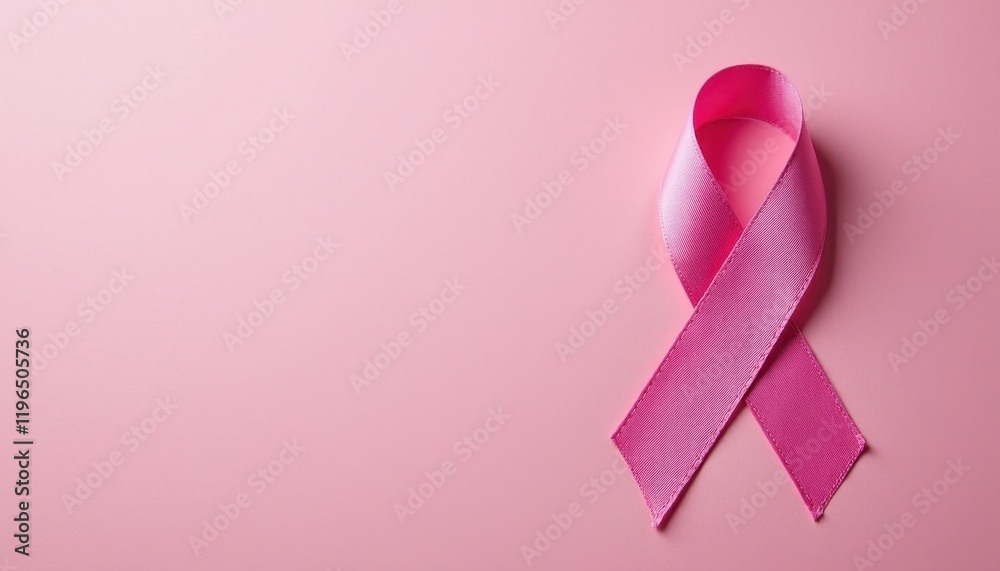 Pink ribbon on bright pink background, top view with space for text. Breast cancer awareness concept. Pink ribbon on bright pink background, top view with space for text. Breast cancer awareness concept.