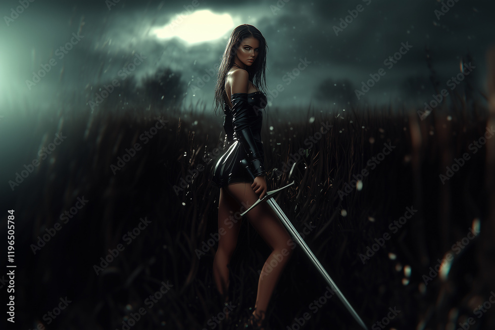 Obraz premium Beautiful young woman in a medieval dress with a sword in her hands on a forest background.