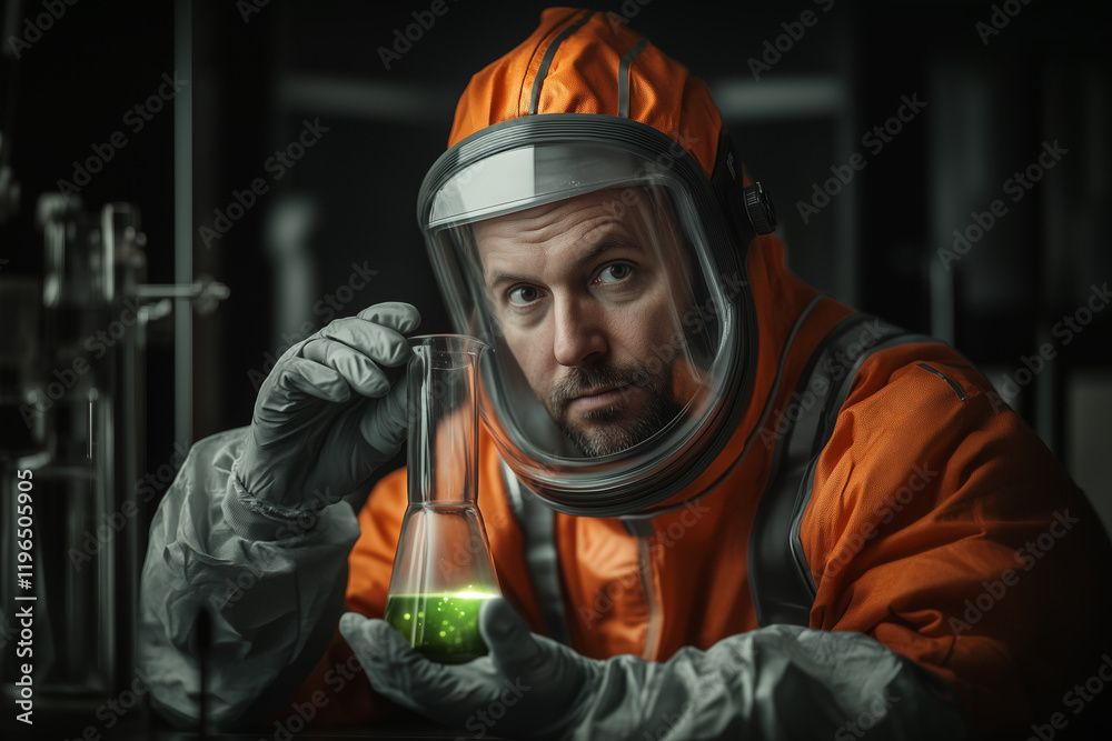 Obraz premium Man in a chemical protection suit holding a flask with radioactive waste reagent on laboratory background.