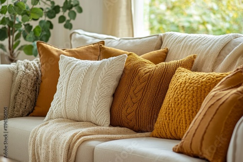 Cozy autumn living room sofa with textured throw pillows and blanket.