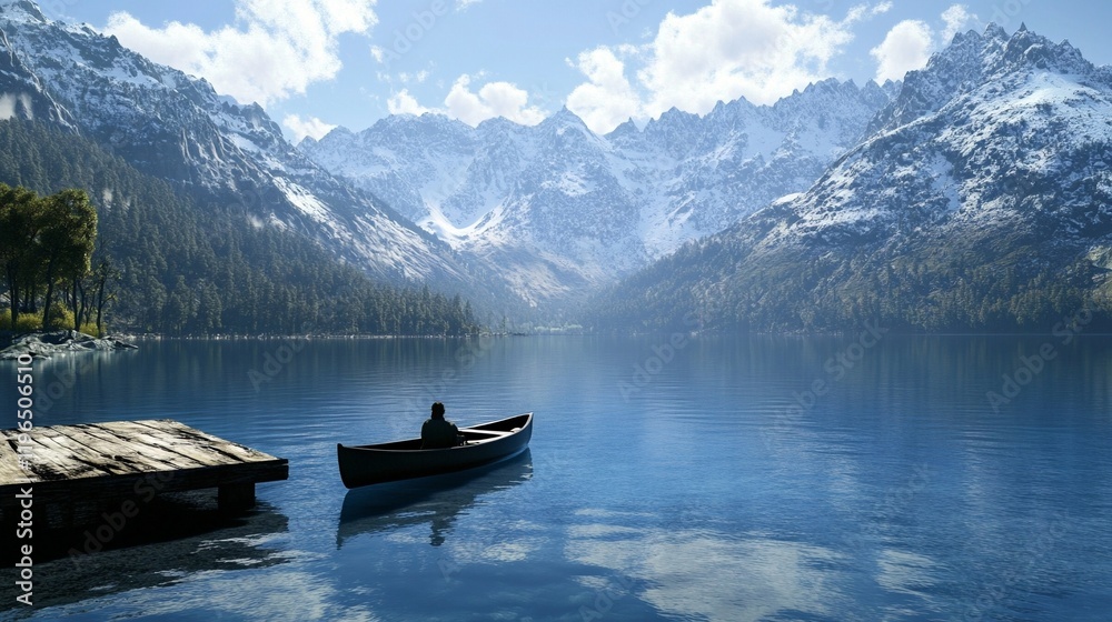 A serene lake surrounded by snowy mountains, with a canoe near a wooden pier and a person sitting in canoe A serene lake surrounded by snowy mountains, with a canoe near a wooden pier and a person sitting in canoe