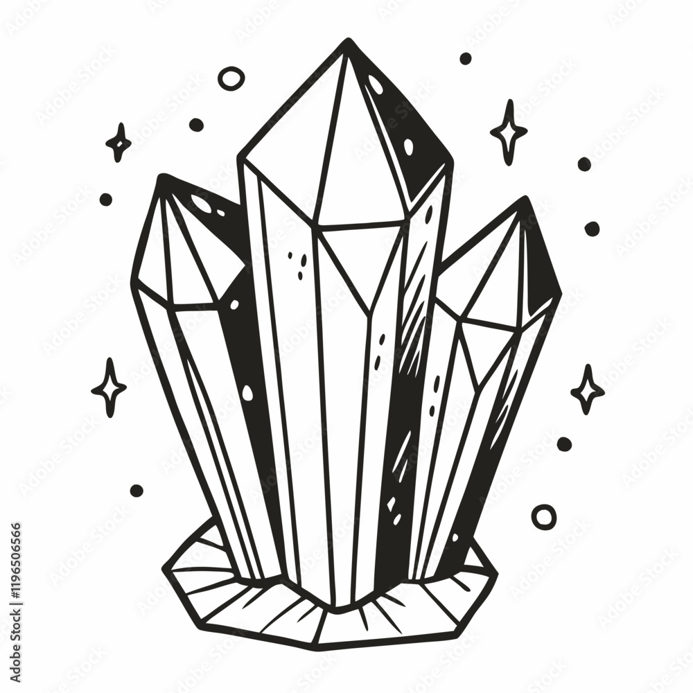 Black and White Crystal Cluster Illustration with Sparkles Black and White Crystal Cluster Illustration with Sparkles