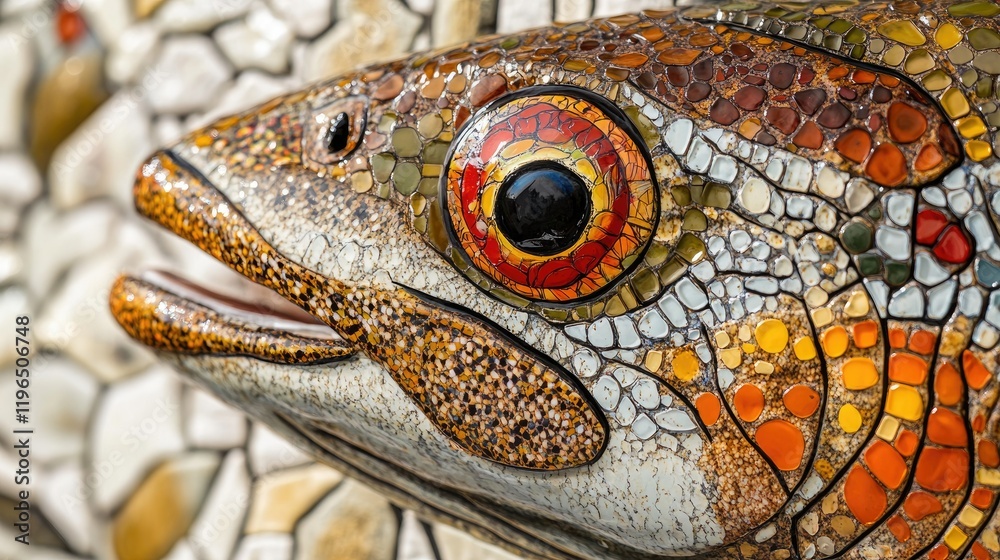 Fototapeta premium Artistic close-up of a brown trout, focusing on its intricate speckled patterns and vibrant eye detail on white