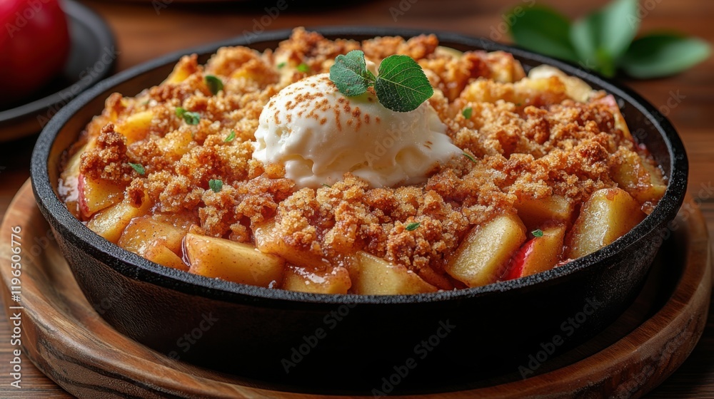Delicious apple crumble dessert with ice cream. Delicious apple crumble dessert with ice cream.