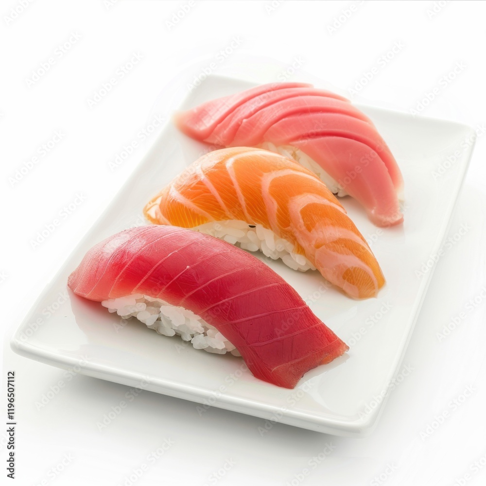 A plate of delicate sushi nigiri with salmon and tuna, isolated white background, modern art style A plate of delicate sushi nigiri with salmon and tuna, isolated white background, modern art style