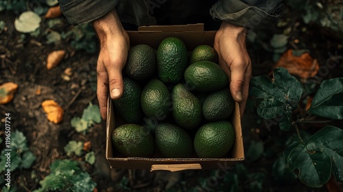 Over the entire avocado box on the garden's floor, an unidentified individual is holding avocados in their hands. photo