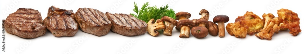 Grilled steak, shiitake mushrooms, and cauliflower. Grilled steak, shiitake mushrooms, and cauliflower.