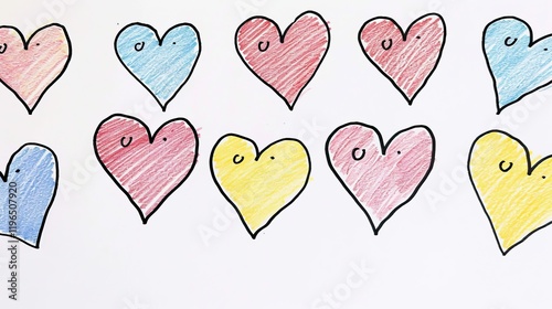 Colorful hand-drawn hearts pattern on white background.