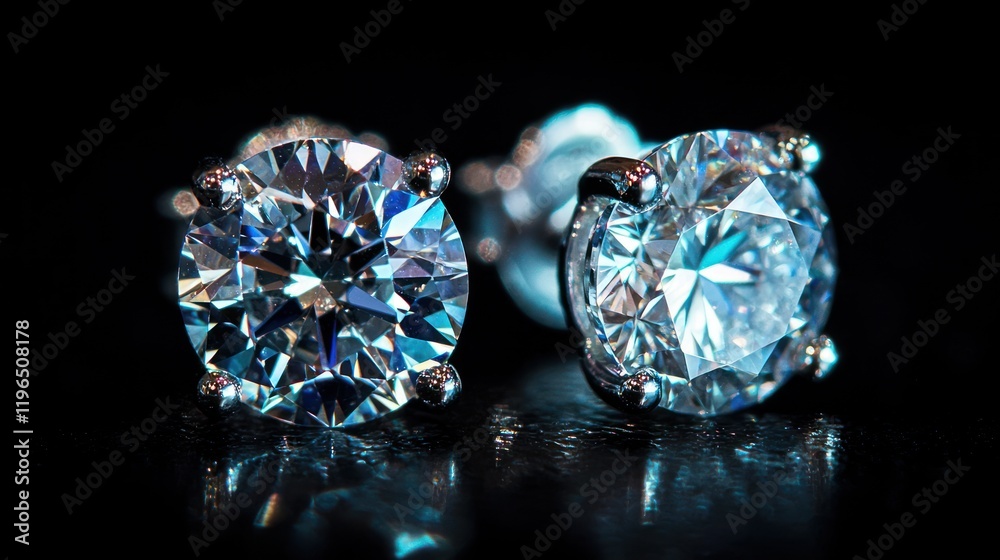A pair of diamond earrings isolated on a black background, showcasing their sparkle and clarity. A pair of diamond earrings isolated on a black background, showcasing their sparkle and clarity.