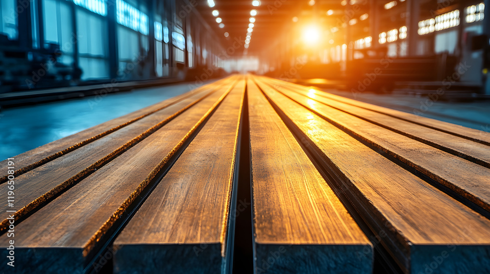 A close-up view of wooden planks in an industrial setting, illuminated by warm sunlight, highlighting their texture and arrangement A close-up view of wooden planks in an industrial setting, illuminated by warm sunlight, highlighting their texture and arrangement