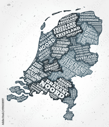 Netherlands regions word clouds. Country shape on textured background. Netherlands design in typographic style. Elegant vector illustration.