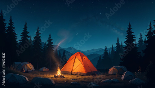 Scenic Campfire in a Forest Under a Starry Night Sky with Tents illustration