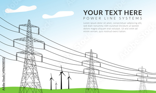 High voltage electric transmission tower, Power line system, electricity pole, Energy pylon, Wind turbine, Network of interconnected electric. City electricity infrastructure on green field landscape