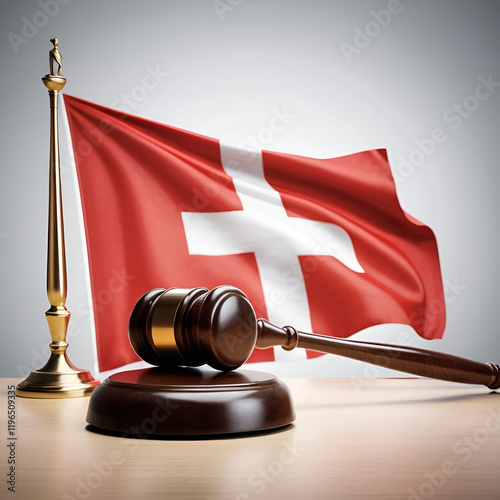 An impactful image featuring the Switzerland flag alongside a judge's gavel, symbolizing justice, law, A strong representation of legal authority and regional.