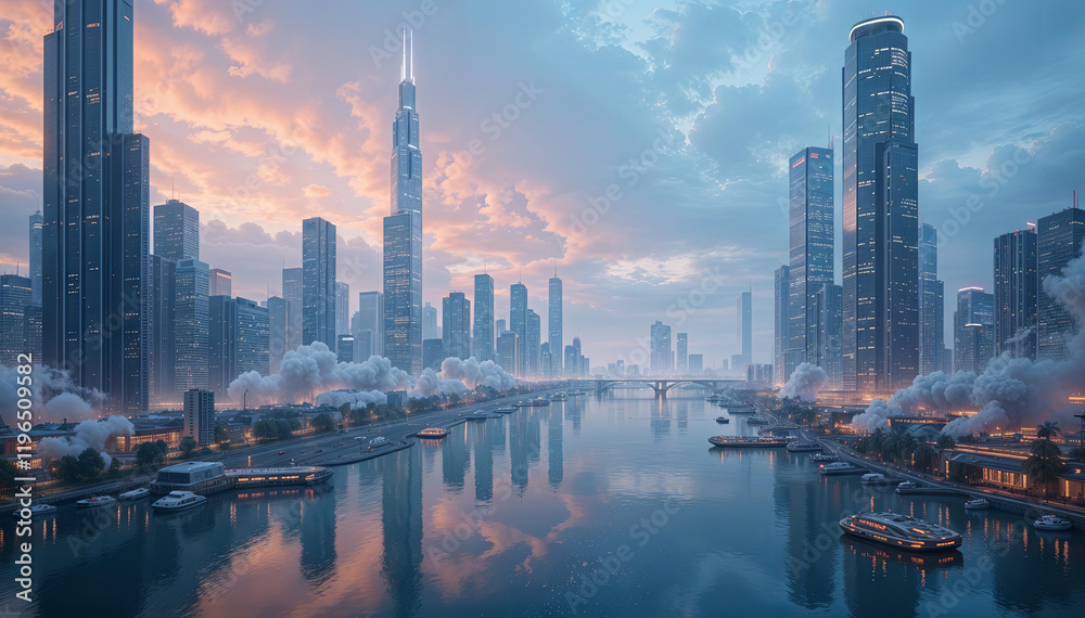 Fototapeta premium Futuristic Urban City Skyline at Sunset with High-Rise Buildings and Waterfront View illustration