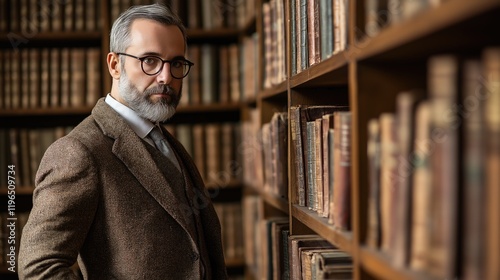 Mature man in library, focused and scholarly. photo