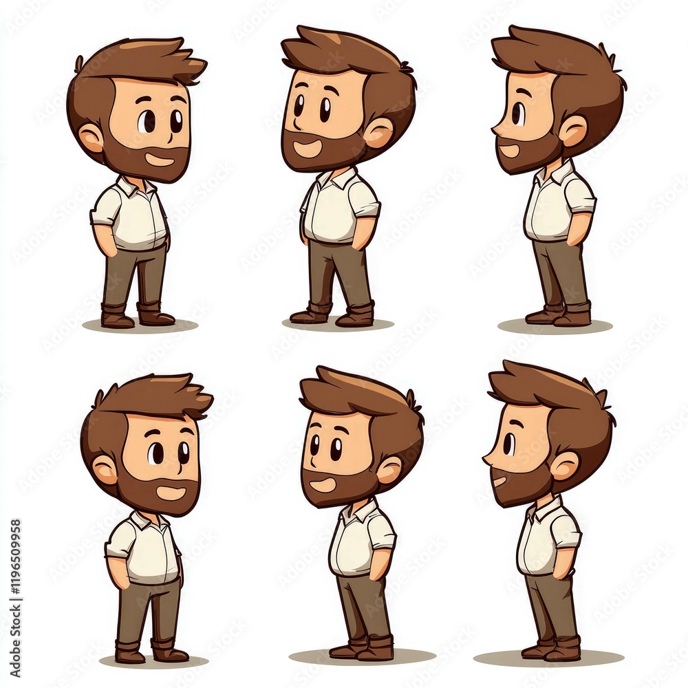 Charming Cartoon Man: Six Poses of a Bearded Male Character Illustration Charming Cartoon Man: Six Poses of a Bearded Male Character Illustration