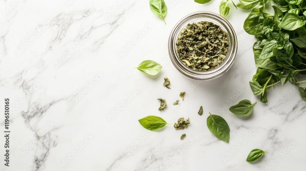 Dried and Fresh Basil on Marble: A Culinary Delight Dried and Fresh Basil on Marble: A Culinary Delight