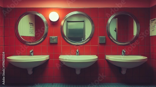 Modern public restroom interior featuring sinks and mirrors photo