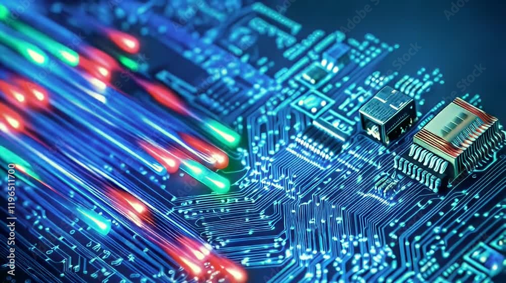 Data streams flow onto circuit board, technology background, digital future Data streams flow onto circuit board, technology background, digital future