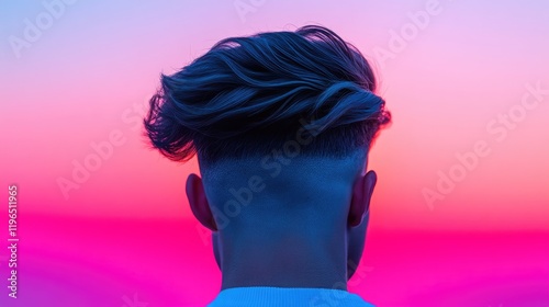 An undercut men's hairstyle with long waves on top, set against a gradient blue and pink background. photo