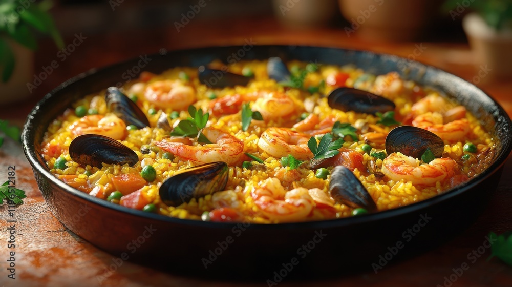 Delicious seafood paella in a pan. Delicious seafood paella in a pan.