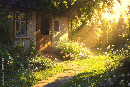 Spring illustration of a house on a garden plot in a sunny soft light.