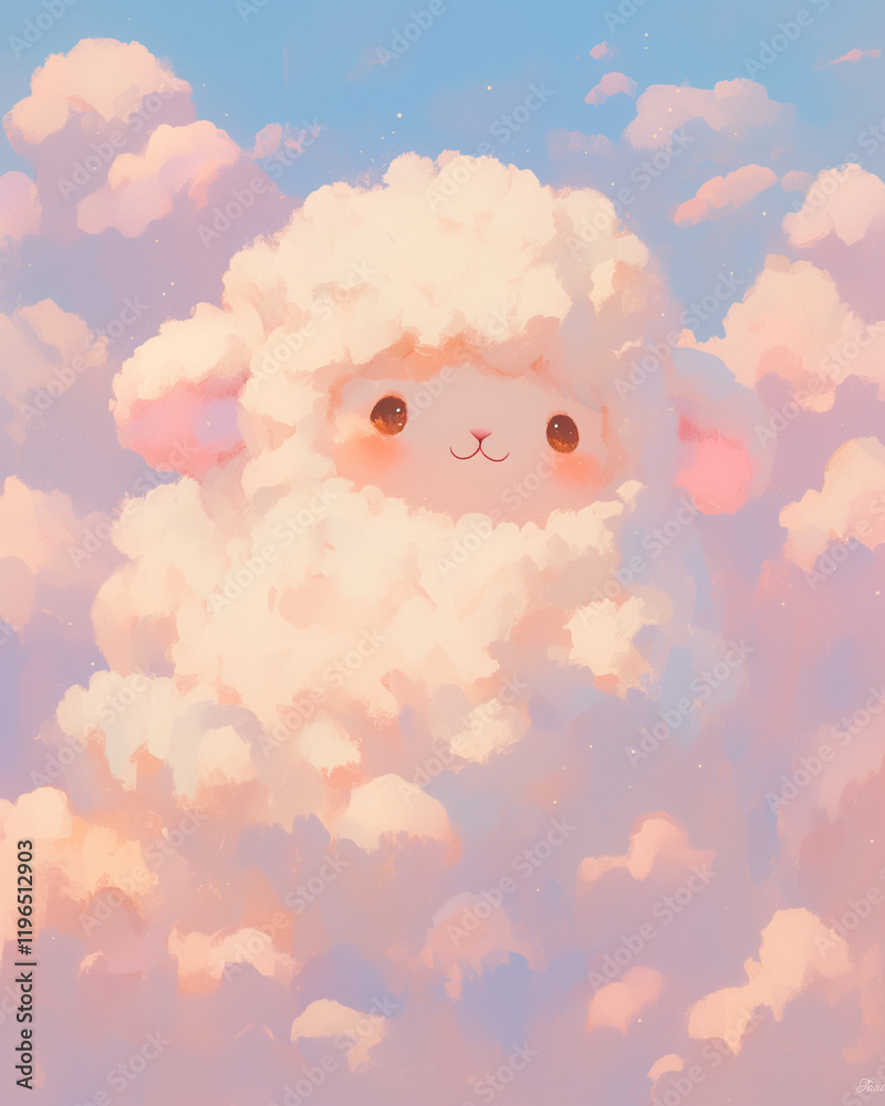 single cloud sheep smiles gently, nestled among soft pink clouds in a tranquil, dreamlike setting single cloud sheep smiles gently, nestled among soft pink clouds in a tranquil, dreamlike setting