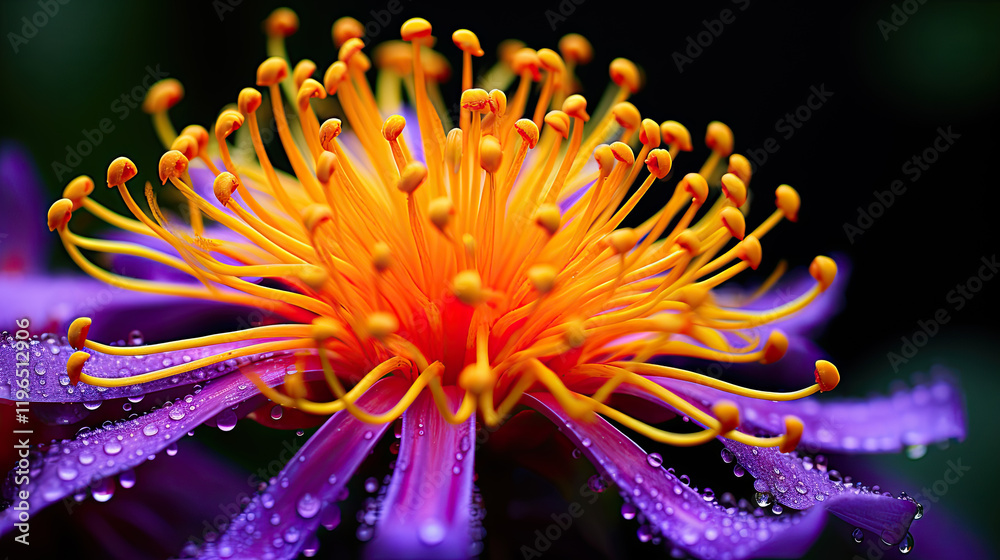 Close-up of a vibrant purple and orange flower with water droplets Close-up of a vibrant purple and orange flower with water droplets