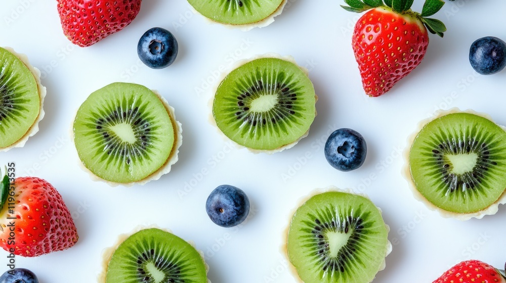 Fototapeta premium Elegant arrangement of fruit tarts featuring kiwi, strawberries, and blueberries on a pristine white background