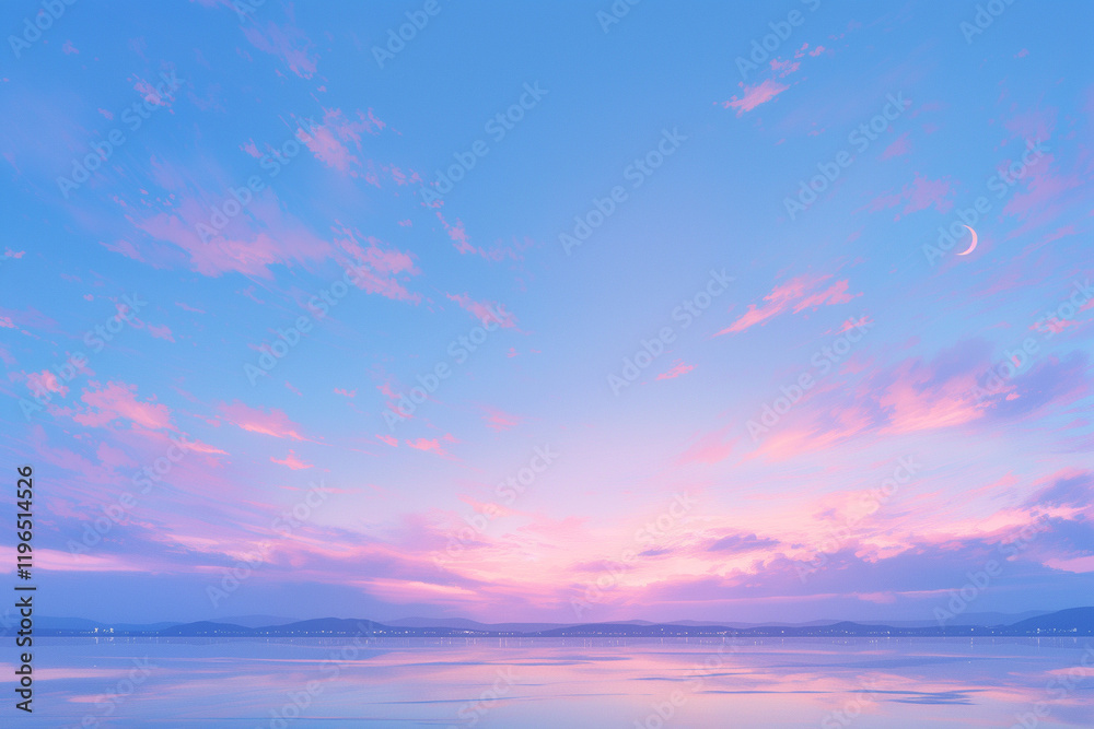 Obraz premium serene lake scene under a pink sunset sky with a delicate crescent moon high above