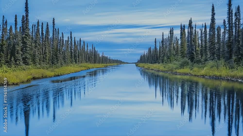 Calm river reflecting trees, boreal forest, serene nature, tranquil landscape, travel poster Calm river reflecting trees, boreal forest, serene nature, tranquil landscape, travel poster