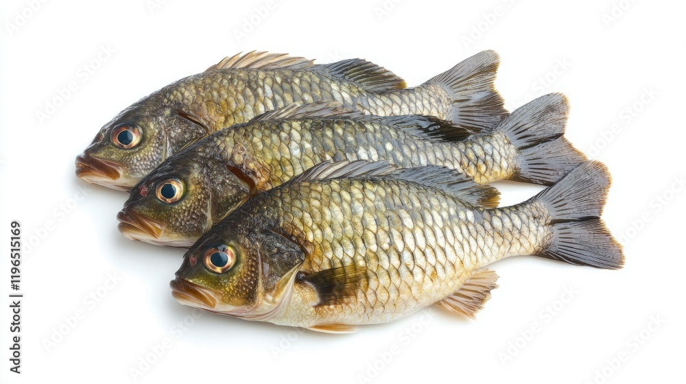 Fresh fish aligned neatly on a white background, showcasing their vibrant scales and freshness Fresh fish aligned neatly on a white background, showcasing their vibrant scales and freshness