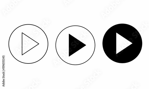 set of three minimalist play button icons in black and white, featuring circular designs with variations in fill and outline styles