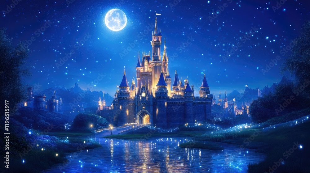 custom made wallpaper toronto digitalGlittering fairy tale castle illuminated by a full moon, nestled in a dreamlike valley with sparkling rivers