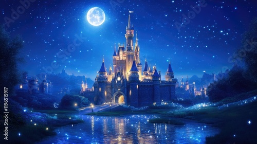 Glittering fairy tale castle illuminated by a full moon, nestled in a dreamlike valley with sparkling rivers