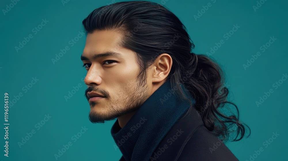 A long ponytail men's hairstyle against a calming teal background, showcasing cultural and artistic expression. A long ponytail men's hairstyle against a calming teal background, showcasing cultural and artistic expression.