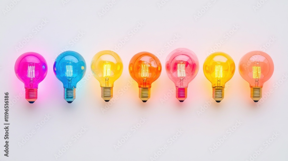 Glowing light bulbs in vivid colors arranged symmetrically against a plain white surface Glowing light bulbs in vivid colors arranged symmetrically against a plain white surface