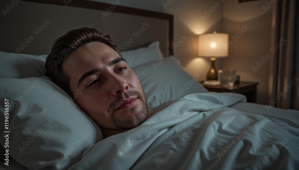 Man resting peacefully in bed under soft lighting, recovering from flu, showcasing calmness and comfort Man resting peacefully in bed under soft lighting, recovering from flu, showcasing calmness and comfort