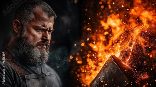 Intense moment of blacksmith crafting metal photo