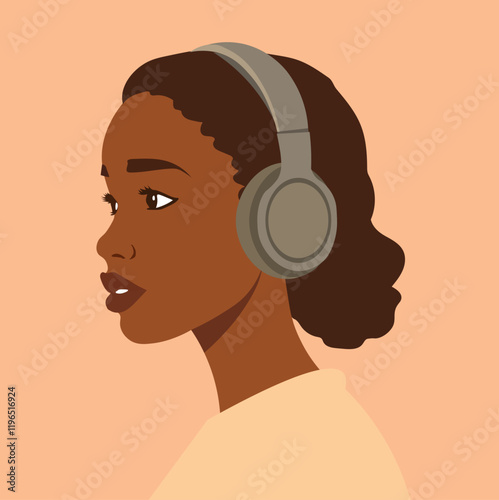 afro person listening to music, Vector avatar in muted earth tones browns and beiges.  Illustrates a young African woman in profile, wearing headphones, showing concentration. Flat style, clean lines.