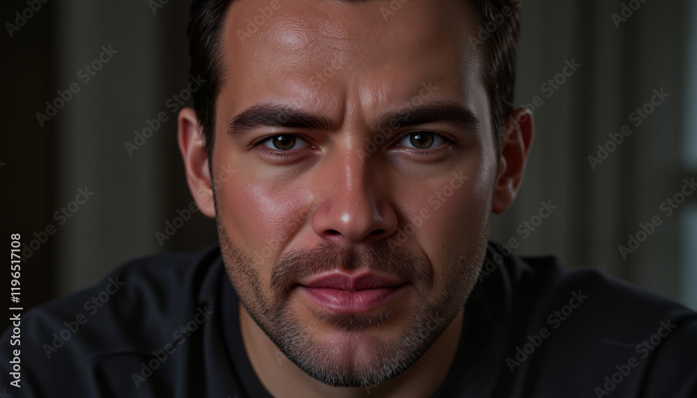 Fototapeta premium Intense adult man with serious expression in soft lighting, close-up shot in simple indoor setting
