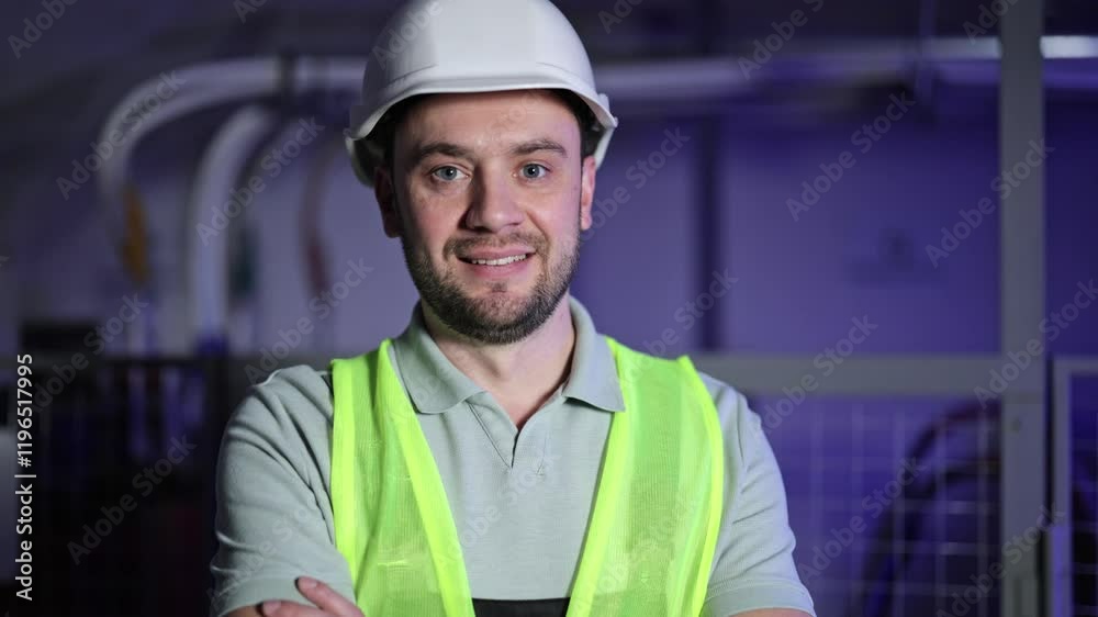Confident electrical engineer in a server room. Bearded man wearing a hardhat and high-visibility vest. Industrial environment with electrical switchboards and control panels. Confident electrical engineer in a server room. Bearded man wearing a hardhat and high-visibility vest. Industrial environment with electrical switchboards and control panels.